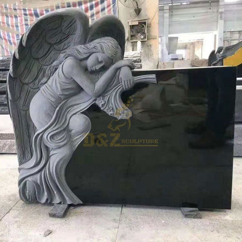 Carved Angel Black Granite Tombstone