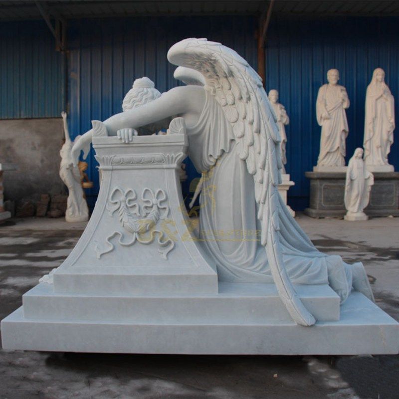 White Carrera Marble Weeping Angel Statue Tombstone